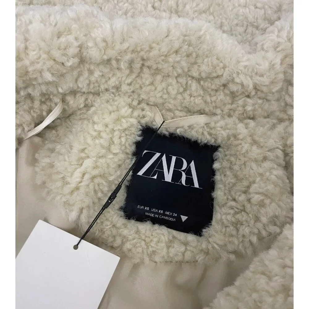 Zara Womens Faux Fur Coat Jacket XS Oyster White Teddy collared 4391/855 NWT - Picture 5 of 16